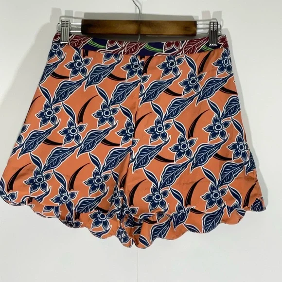 Topshop Floaty Short Orange w/Blue Floral Design Side Zipper Scalloped Hem Sz 4 - Picture 3 of 14